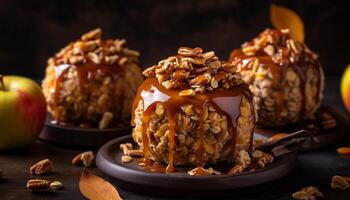 Homemade dessert chocolate almond cookie with caramel and walnut generated by AI photo