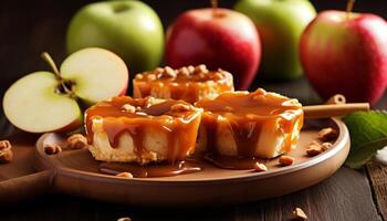 Fresh apple pie on a wooden table, a sweet indulgence generated by AI photo