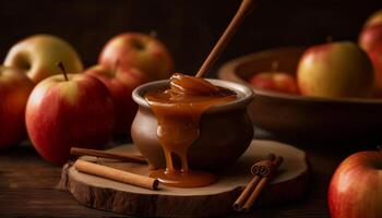 Fresco manzana postre en de madera mesa, un gastrónomo otoño deleite generado por ai foto