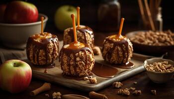 A rustic homemade dessert chocolate dipped apple with caramel and pecan generated by AI photo