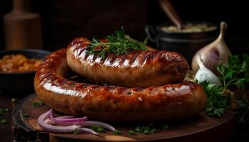 Grilled pork, beef, and bratwurst on a rustic wood table generated by AI photo