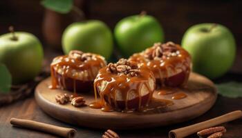 A rustic plate of homemade apple pie, a sweet indulgence generated by AI photo