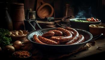 Grilled pork on rustic wood, cooked with heat and spice generated by AI photo