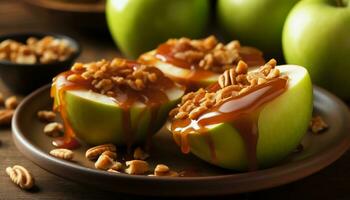 frescura y indulgencia en un saludable, gastrónomo, hecho en casa Fruta postre generado por ai foto