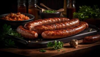 Grilled pork, beef, and bratwurst on a rustic wooden table generated by AI photo