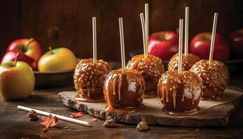 Indulgent gourmet dessert chocolate dipped caramel apple on rustic wooden table generated by AI photo