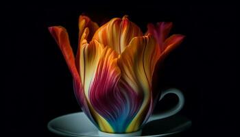 Close up of a multi colored coffee cup on a black background generated by AI photo