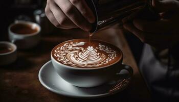 The barista pours a frothy latte into a coffee cup generated by AI photo