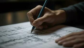 Human hand holding pencil, sketching blueprint on paper for construction industry generated by AI photo