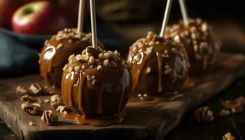 Homemade gourmet dessert chocolate dipped caramel apple with crunchy pecan generated by AI photo