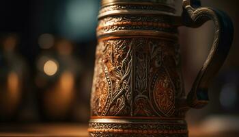 Antique wood table adorned with shiny copper pottery, rustic elegance generated by AI photo