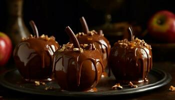 Dark chocolate dipped fruit on a plate, a gourmet indulgence generated by AI photo