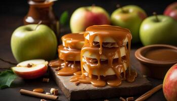 Fresh apple slice on a wooden plate, a healthy autumn snack generated by AI photo