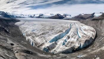 Majestic mountain peak, snow covered landscape, blue sky, flowing water generated by AI photo