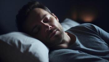 One adult man sleeping peacefully in a dark bedroom generated by AI photo