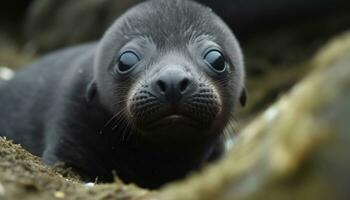 Cute seal pup resting, looking at camera, wet and sleepy generated by AI photo