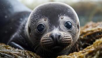 Cute seal pup looking at camera, wet fur, playful nature generated by AI photo