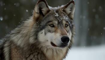 A cute gray wolf in the snowy forest, looking at camera generated by AI photo