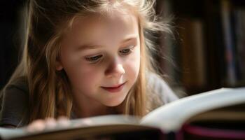 Smiling girl reading book, enjoying childhood, learning in library generated by AI photo