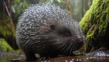 Cute hedgehog in the wild, close up, outdoors, looking at camera generated by AI photo