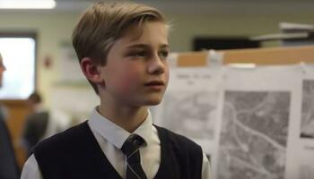 A confident schoolboy studying in a classroom, looking at camera generated by AI photo