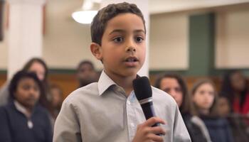 sonriente colegio niños estudiando adentro, enfoque en educación y desarrollo generado por ai foto