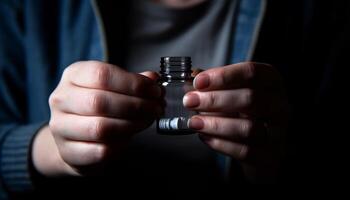 Unrecognizable person holding medicine bottle, close up, black background, addiction generated by AI photo