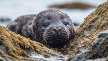 Cute seal pup resting on the coastline, looking at camera generated by AI photo