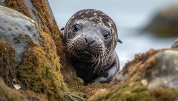 Cute sea lion resting on rocky coastline, enjoying tranquil nature generated by AI photo