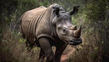 Large horned rhinoceros grazing in the African wilderness, looking at camera generated by AI photo