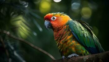 A vibrant, multi colored macaw perching on a branch in nature generated by AI photo