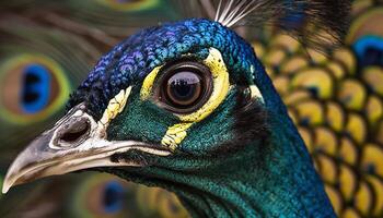 Majestic peacock displays vibrant colors, showcasing nature beauty and elegance generated by AI photo