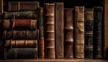 Old library collection, antique books in a row, wisdom on paper generated by AI photo