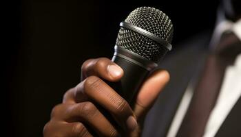 el cantante mano sostiene el micrófono, cautivador el audiencia generado por ai foto