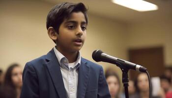 A confident schoolboy musician performs on stage, captivating the audience generated by AI photo