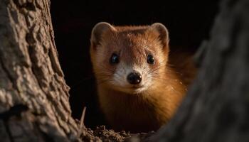 Cute small mammal, furry snout, looking at camera in forest generated by AI photo