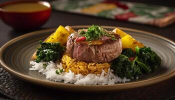 Grilled steak with vegetables, cooked to perfection, ready to eat main course generated by AI photo