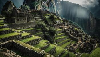 Ancient ruins on a mountain, a majestic green landscape of history generated by AI photo