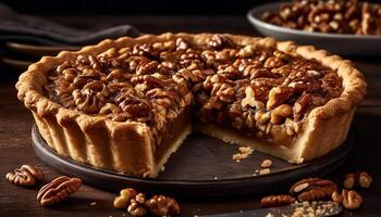 Freshness and indulgence in a homemade sweet pie with caramel generated by AI photo