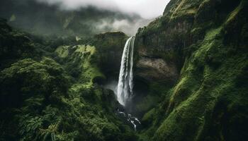 un majestuoso montaña cima, rodeado por un tranquilo tropical selva generado por ai foto