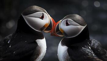 Close up of a beautiful puffin, a colorful bird in nature generated by AI photo