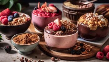 Freshness of berries, yogurt, granola, and milk in a bowl generated by AI photo