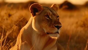 majestuoso leona caminando en el sabana, mirando a el amanecer generado por ai foto