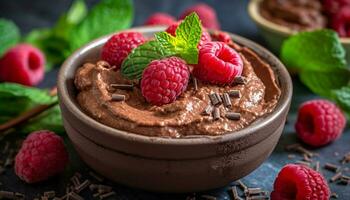 Freshness and sweetness in a bowl of raspberry chocolate mousse generated by AI photo
