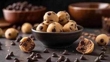 A rustic bowl of homemade chocolate chip cookies on wooden table generated by AI photo