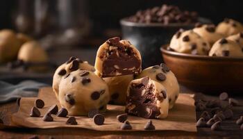 Homemade dark chocolate cookie stack on rustic wooden table generated by AI photo