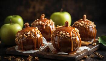 frescura y dulzura en un hecho en casa otoño postre, chocolate sumergido manzana generado por ai foto