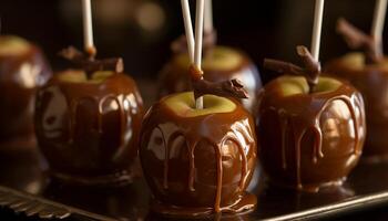 indulgente gastrónomo postre oscuro chocolate sumergido manzana con caramelo llovizna generado por ai foto