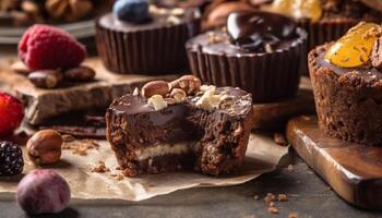 Homemade dark chocolate brownie with fresh raspberry and pecan generated by AI photo