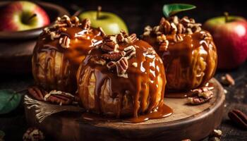 Fresh apple pie, a sweet indulgence on a rustic wooden table generated by AI photo